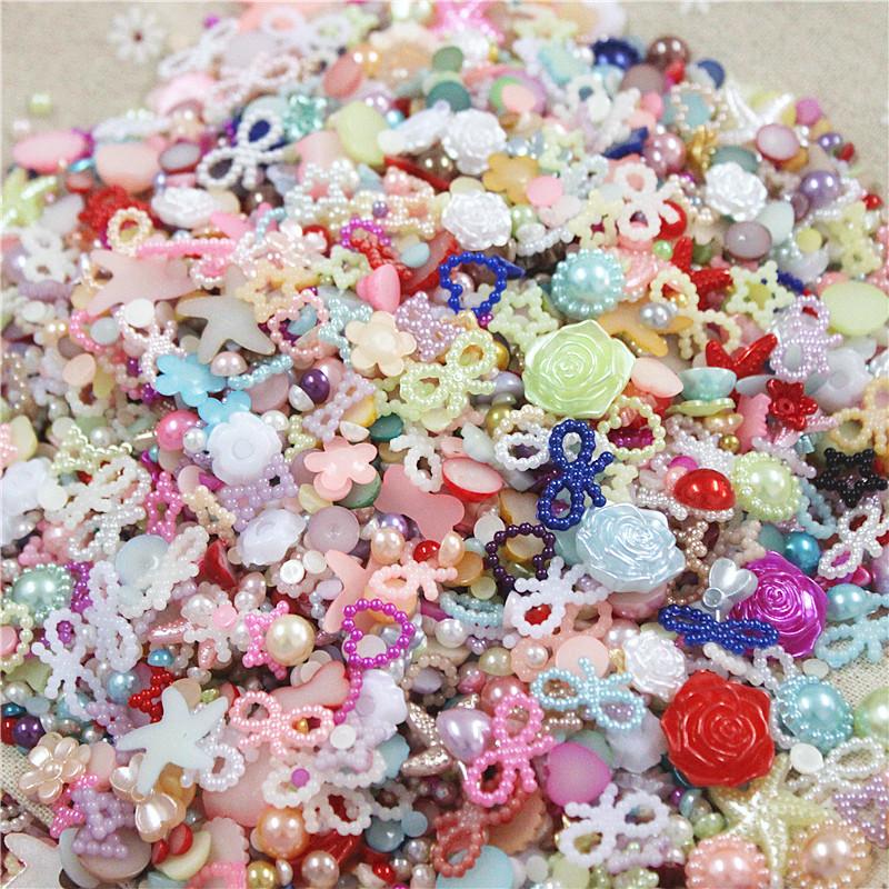 Mixed Sizes 200pcs Random Half Round Pearls Seastar Bow Rose Rhinestone Flat Back Bead Loose Beads Gem Garment Beads DIY Craft