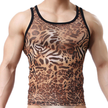 Leopard Print Mens Undershirt See Through Sheer Mesh Sleeveless T Shirts Muscle Tank Top T-shirt Sexy Gay Men Underwear Clothing