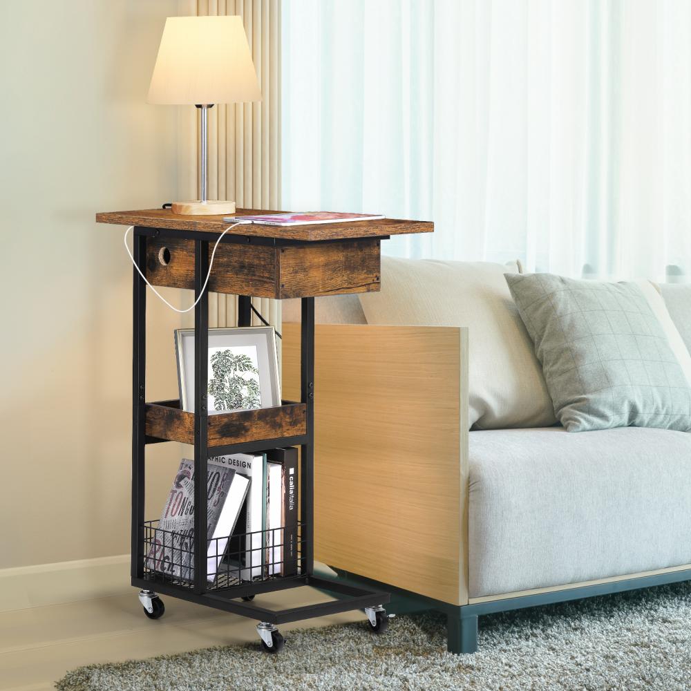 Sofa Side Table with Storage Basket Rolling Wheels