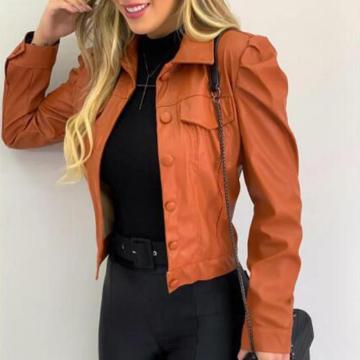 Autumn PU Leather Pleated Women Short Jacket Long Sleeve Turn- Down Collar Single Breasted Female Jackets Solid Casual Lady Coat