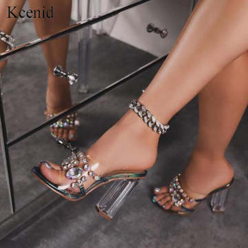 Kcenid Elegant crystal slippers shoes woman high heel sandals women fashion rhinestone slip on perspex heel women open sandals