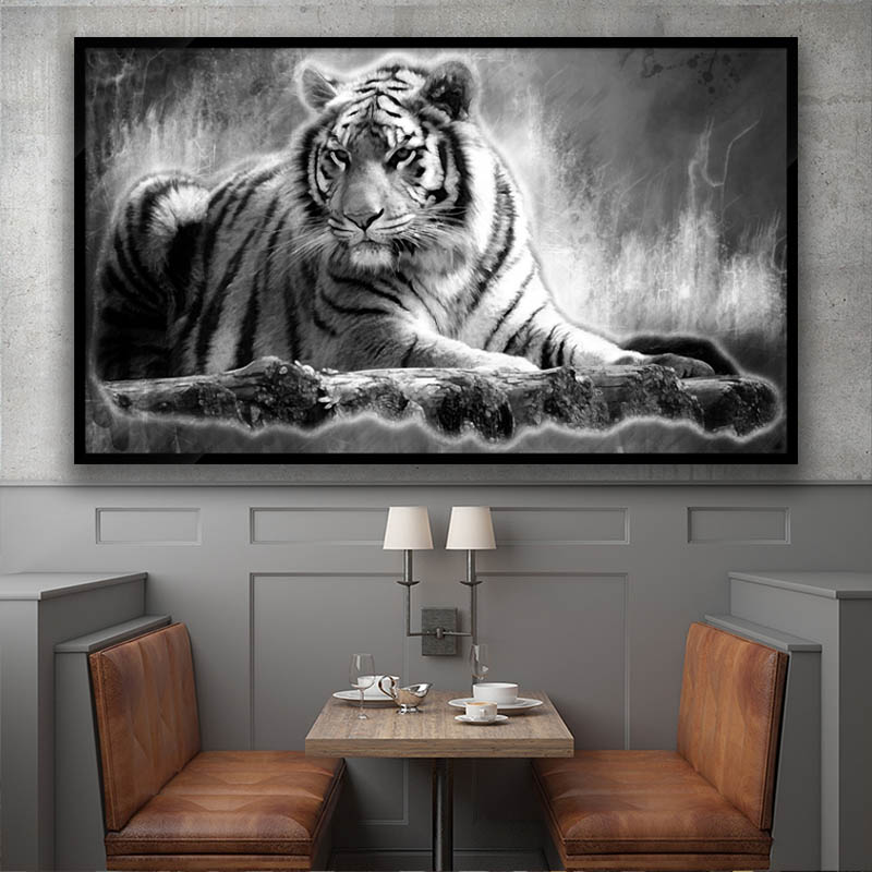 Black white lie tiger Print Canvas Painting Poster Living Room Bedroom Wall Art Mural Home Decoration