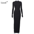 Liooil Black Knit Ribbed Backless Bodycon Long Maxi Dress Women Clothes Long Sleeve O Neck Night Club Party Sexy Tight Dresses