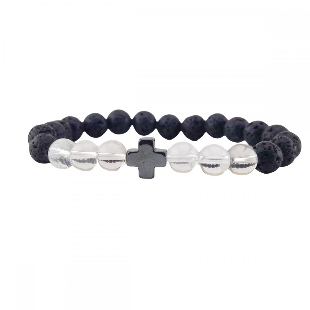 Gemstone 8mm Black Lava Stone With Hematite Cross Stretch Bracelet Natural Stone Round Beads Handmade Charm Bracelet for Women