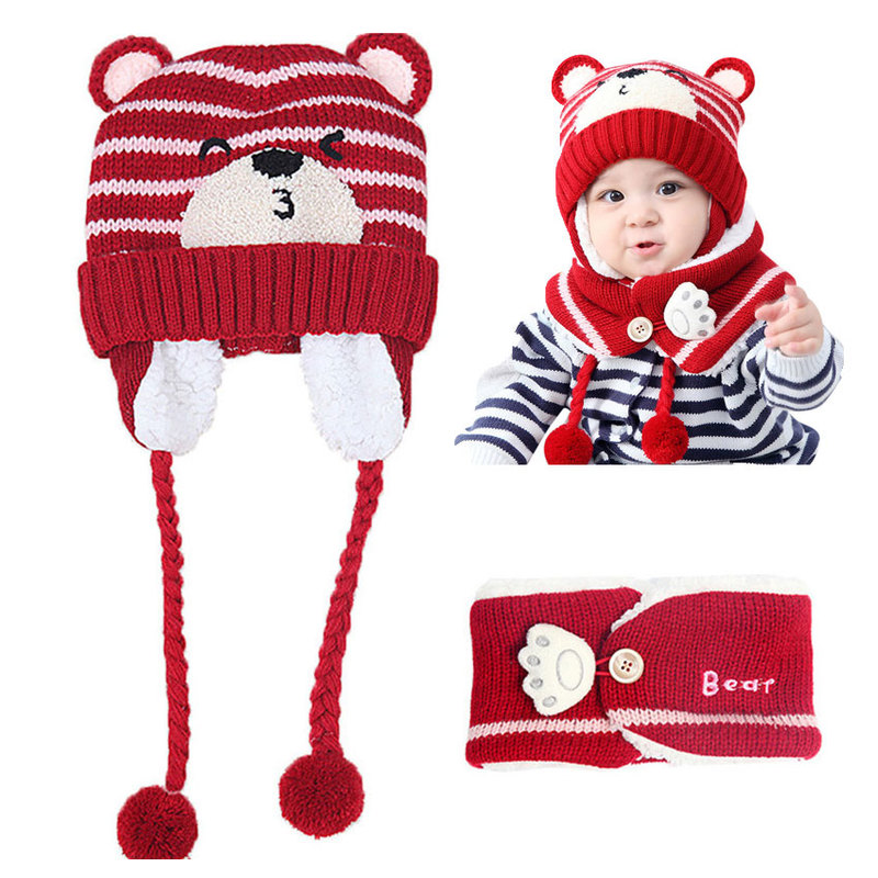 2pcs Unisex Kids Cartoon Bear Stripe Hats Scarf Baby Cap Set Girl Boy Cap Scarf Set Child Winter Earmuffs Hat Scarf Warm Suit