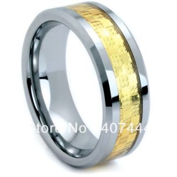 Free Shipping Cheap Price USA Canada UK Russia Brazil Hot Sales 8MM Beveled Gold Foil Center Tungsten Wedding Ring Size 6-12