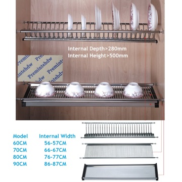 60CM 70CM 80CM 90CM Wall Kitchen Cabinet Cupboard Inside 2-tier Stainless Steel Plate Bowl Drying Rack Dinnerware Organizer