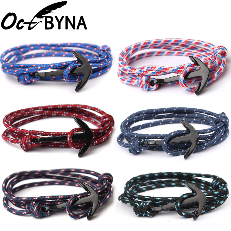 Octbyna Fashion Black Anchor Bracelet Men's Charm Survival Rope Chain Leather Friendship Bracelet Men And Women Jewelry Gifts