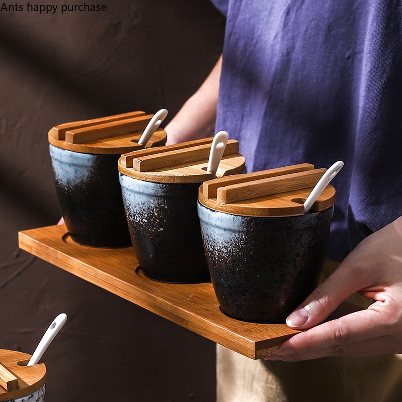 Bamboo Wood Ceramics Condiment Barrel shape Spice Jars Sauce pot Set Salt Pepper Shakers Seasoning Sprays Cooking Kitchen Tool