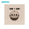 SRAN EU Wall Socket,socket with USB Gold Flame Retardant PC Panel 86mm*86mm 16A European Outlet 5V 2.1A USB Mobile Interface