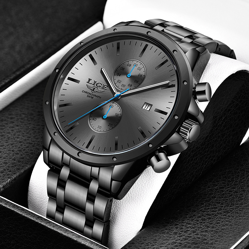 LIGE 2020 New Watches Mens Top Brand Luxury Stainless Steel Quartz Watch For Men Waterproof Sport Chronograph Male Classic Clock