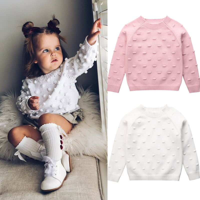 New 2020 Autumn Winter Infant Baby Girls Pink White Sweaters Kids Hairball Knitted Girls Sweaters Solid Color Pullovers 1-5Y