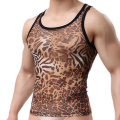Leopard Print Mens Undershirt See Through Sheer Mesh Sleeveless T Shirts Muscle Tank Top T-shirt Sexy Gay Men Underwear Clothing