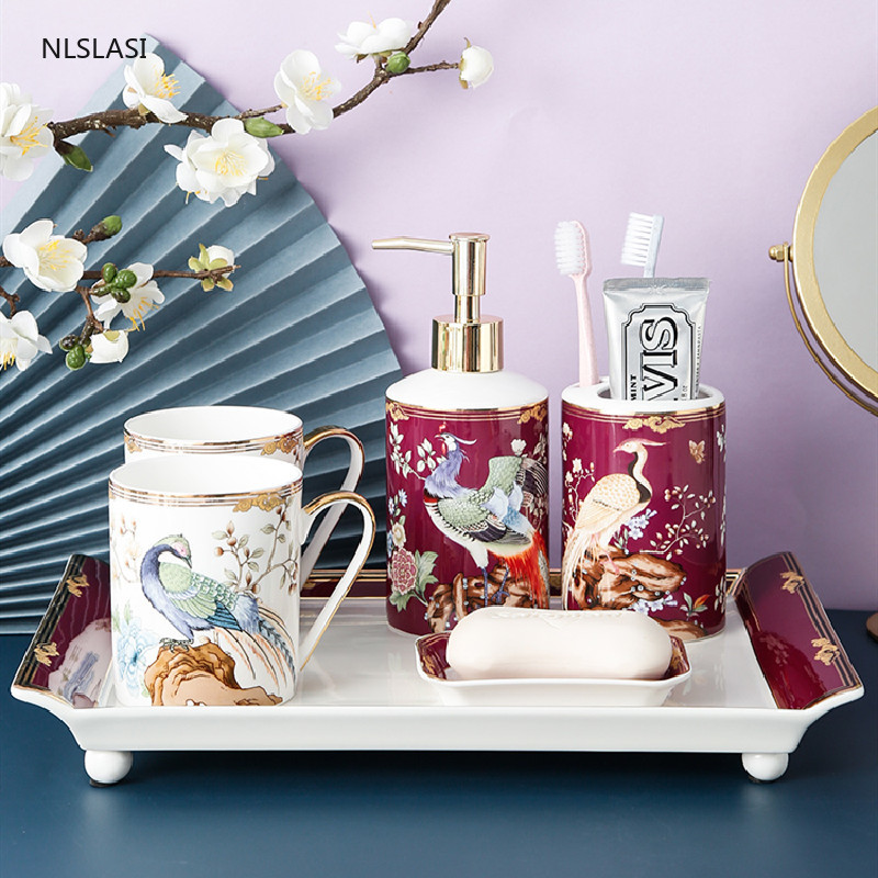 Chinese Style A Hundred Birds Pray Ceramic Home Bathroom Set Soap Dish Lotion Bottle Toothbrush Holder Mouth Cup Five Piece Set