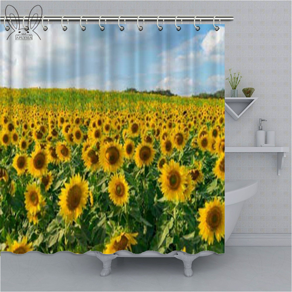 Yellow Country View Bathroom Curtain Sunflower Printed Shower Curtain Polyester Fabric Bathtub Curtain Bathroom Shower Sets