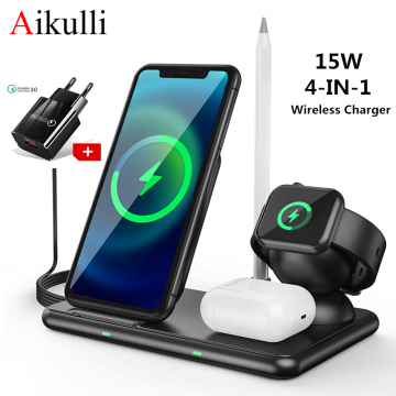 Wireless Charger Station 15W Fast Wireless Charging Stand 4 in 1 for iPhone 12 11 Pro XR XS X Apple Watch 6 5 4 3 Airpods Pencil