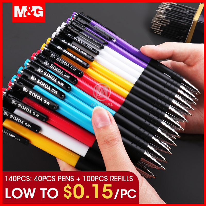 M&G 120/140pcs Retractable Ballpoint Pen 0.7mm with 100 refills blue black red Ball Point Pen Pens for school office supplies