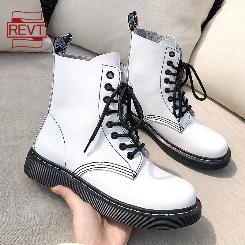 REVT Martens boots Genuine Leather boots fashion Female Martin boots top womens Thick bottom motorcycle boots womens shoes