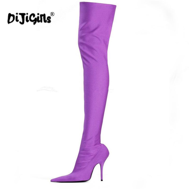 Drop ship NEW Spring/Autumn Sexy Thigh High Boot Satin Stretch Elastic Over The Knee Sky Slim High Heels Long Booties Shoes