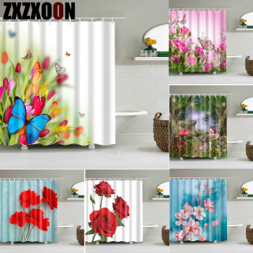 Bathroom Supply Shower Curtains Bathroom Curtain Flowers Printed Waterproof Fabric Cloth Bath Curtain Screen with Hooks