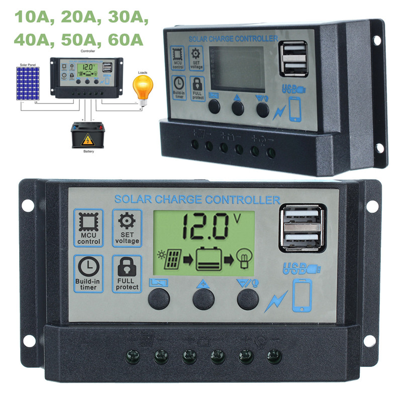 60A/50A/40A/30A/20A/10A Solar Charge Controller Dual USB 12V/24V Auto Solar Panel Battery Charger Controller Voltage Regulator