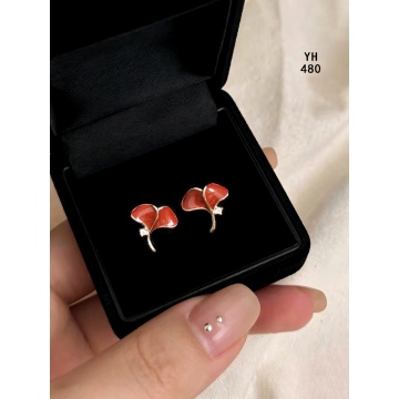 Red Ginkgo Dainty Sterling Silver Stud Earrings