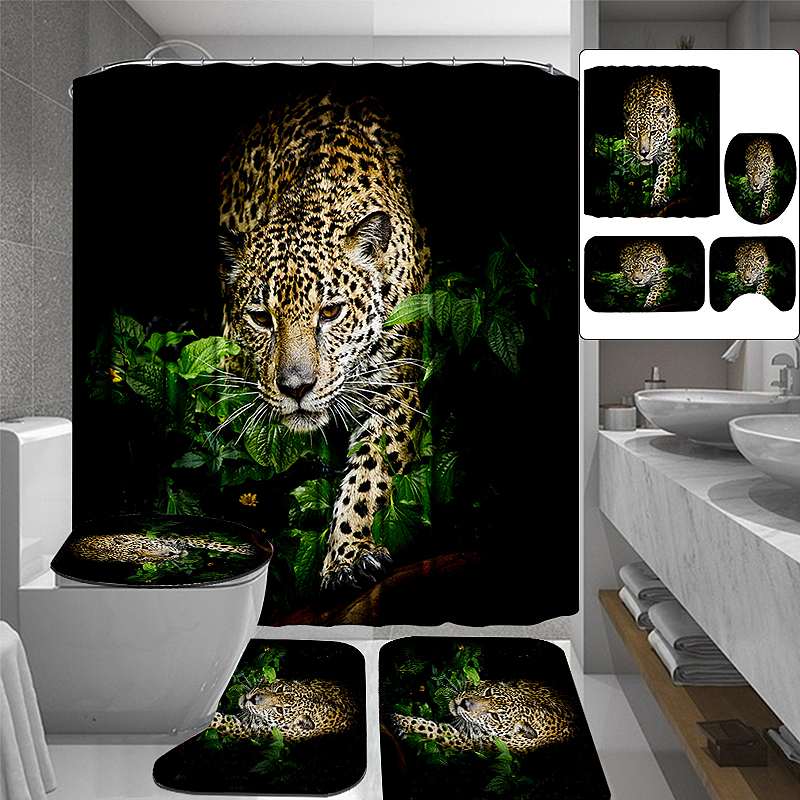 3D Print Animal Tiger Head Shower Curtains Bath Screens Waterproof Toilet Polyester Cover Mat Set Anti-Slip Bathroom Rugs Kits