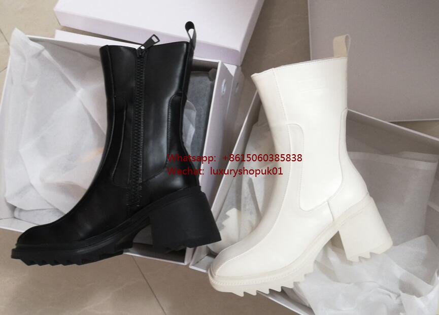 Betty rubber boots block heel sleek square toe Mid-calf Microfiber leather PVC rain boot shop designer luxury brand women shoes
