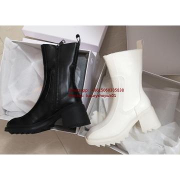 Betty rubber boots block heel sleek square toe Mid-calf Microfiber leather PVC rain boot shop designer luxury brand women shoes