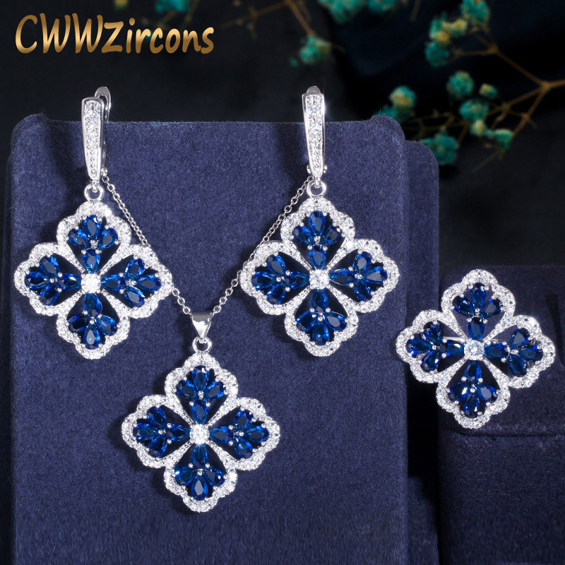 CWWZircons Dark Blue Cubic Zirconia Crystal Big Dangle Drop Lucky Flower Leaf Earring Necklace Ring Women Chic Jewelry Sets T328