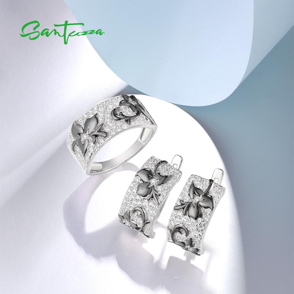 SANTUZZA Jewelry Set For Women 925 Sterling Silver Sparkling White Cubic Zirconia Black Flowers Earrings Ring Set Fine Jewelry