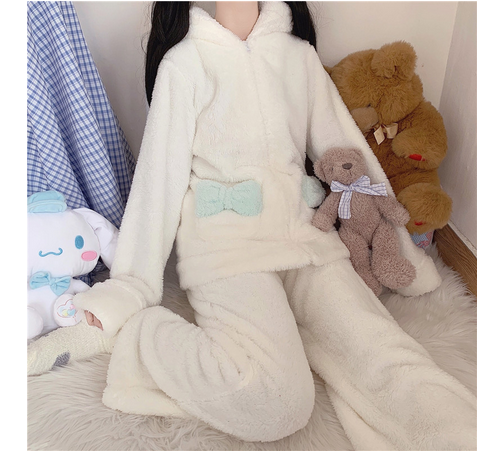 Japanese Winter Kawaii Pajama Set Girl Cute Coral Fleece Long Ears Zip Coat Plush Trousers Warm Thickened Soft Home Wear Women