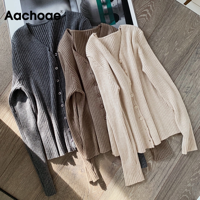 Aachoae 2020 Autumn Casual Knitwear Sweater Women V Neck Solid Cardigan Tops Long Sleeve Ladies Sweaters Winter Cardigans Mujer