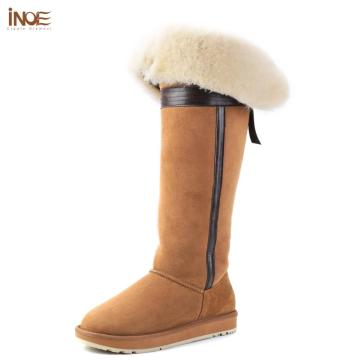 INOE Over The Knee Sheepskin Suede Leather Wool Fur Shearling Lined Long High Winter Boots for Women Bow-knot Snow Boots Shoes