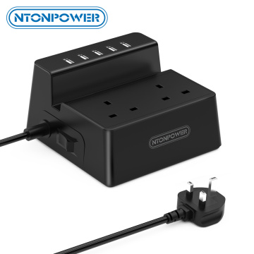 NTONPOWER 2 Way Extension Lead with 5 USB Sockets Switched Power Strip with Holder Desktop Electric Plug USB Charger For Office