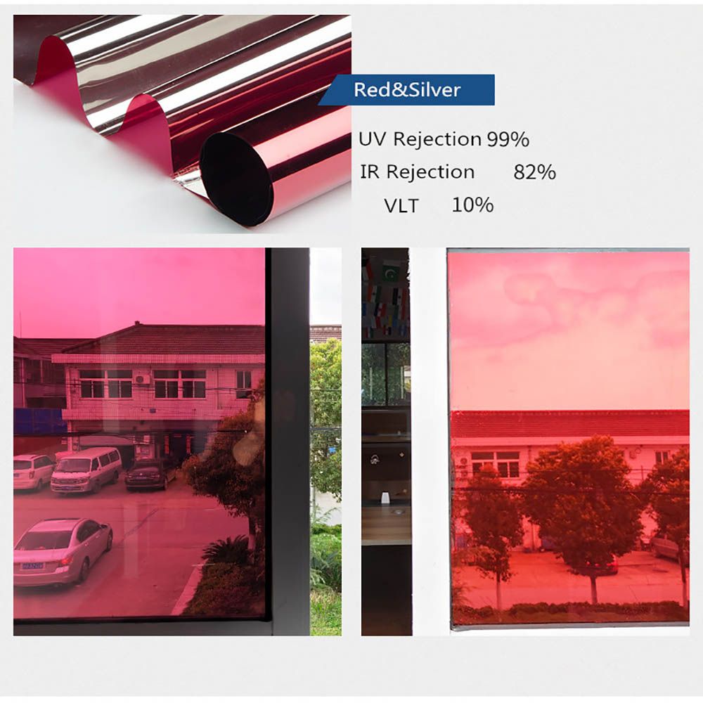 HOHOFILM 50cmx500cm Red&Silver Mirrored Window Film Reflective One Way Mirror Glass Stickers Window Tint