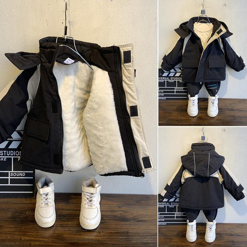 Winter Boys Coat Baby Fur Collar Hooded Cotton Plus Velvet Thicken Warm Camouflage Jacket For Children's Outwear Kids Clothes