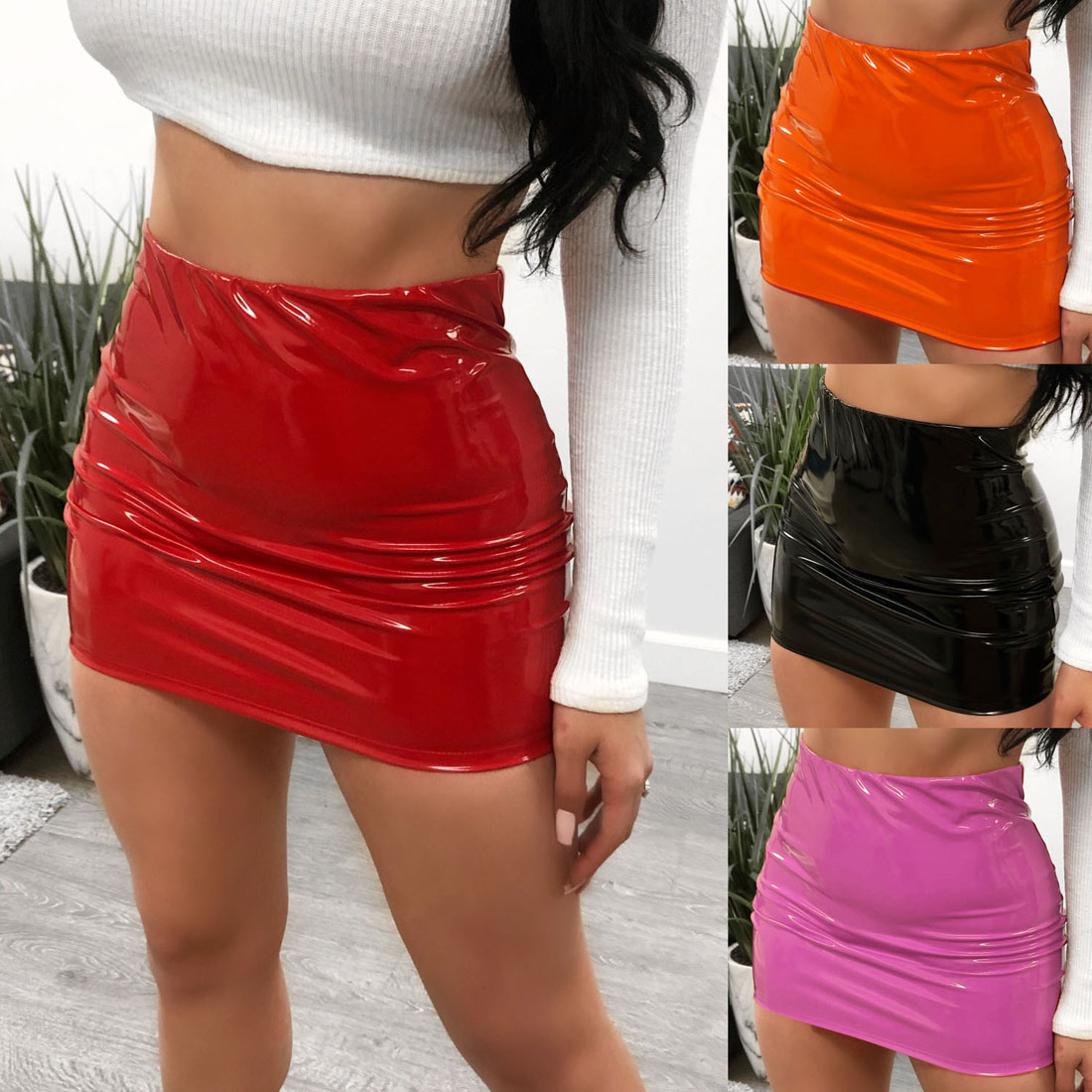 Women PU Leather Skirts Red Pink Orange High Waist Slim Pencil Skirts Vintage Bodycon Mini Skirts Sexy Clubwear