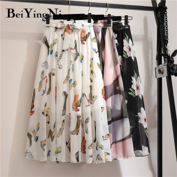 Beiyingni Casual Korean Boho Skirt Beach Chiffon Summer Sashes High Waist Long Maxi Bohemian Skirt Woman Floral Print Pleated