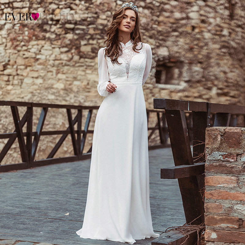 Simple White Wedding Dress Boho Ever Pretty Elegant A-Line V-Neck Chiffon Long Sleeve Robe Sexy Bridal Gown Bride To Be 2021