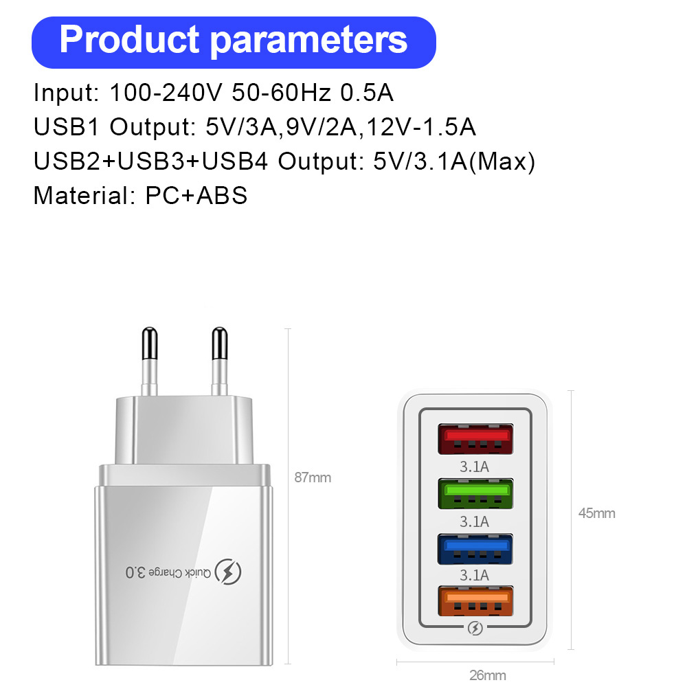 USB Charger 3.1A EU/US Fast Charger Quick Charge 4.0 3.0 For Samsung iPhone 11 7 X Xiaomi 4 Ports Mobile Phones charger adapter