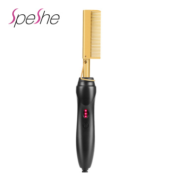 Heated Hair Straightener Comb Professional Hair Flat Irons Curling Brush Gold Titanium Alloy Hair Straightening Comb