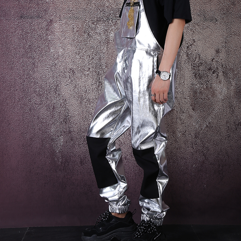 Adult Male Hip Hop Dance Costume Silver Overall Men Hip Hop Pant Nightclub American Clothing Fashion GOGO Dance DJ Costume B1881