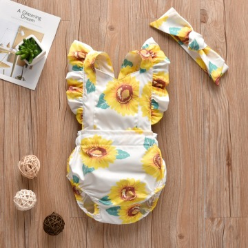 2PCS Summer Newborn Infant Clothing Baby Girls Romper Sunflower Pattern Ruffled Floral Sleeveless Jumpsuit+Headband