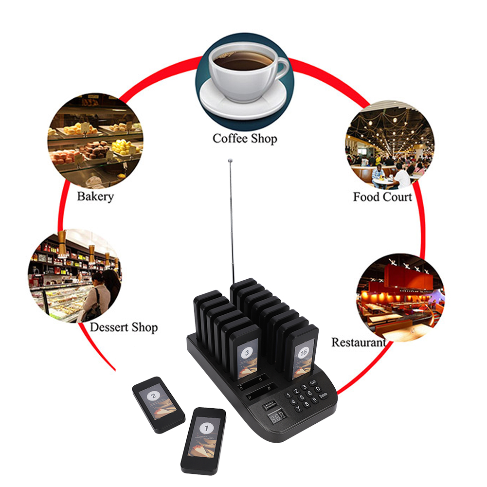 SU-66S 1 to 16 Wireless Pager Waiting System Restaurant Queuing Calling System 100-240V Low Battery Reminder Light Rotation