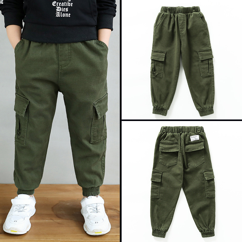 Spring Autumn Teens Pants For Boy Army Green Big Pocket Boys Jeans Children's Elastic Waist Boys Joggers Cargo Pants 8 12 Years