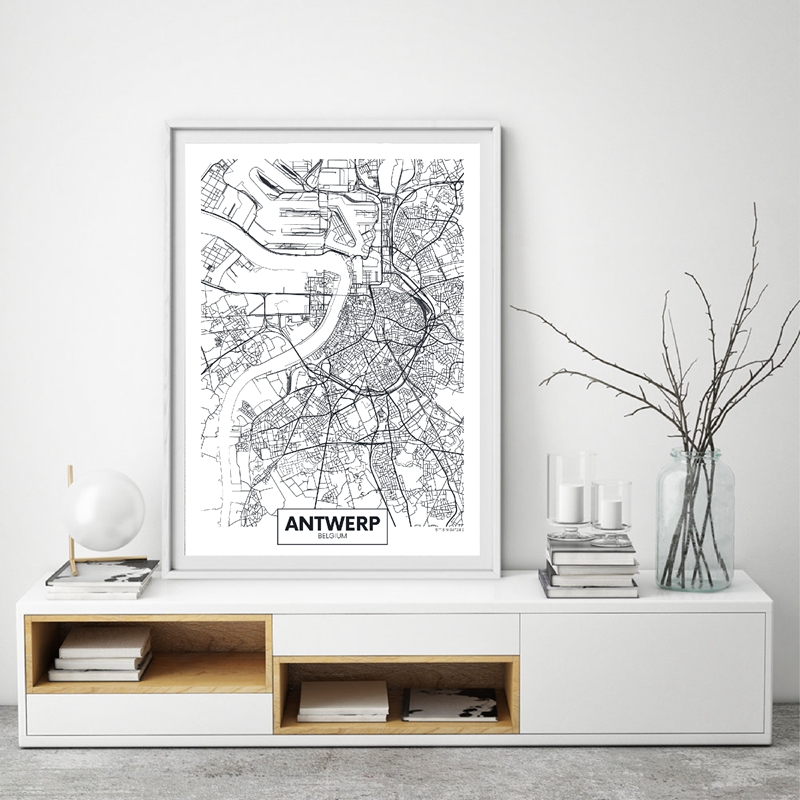 Antwerp City Map Poster Canvas Art Prints Modern Minimalist Art Painting Black and White Picture Living Room Home Wall Art Decor