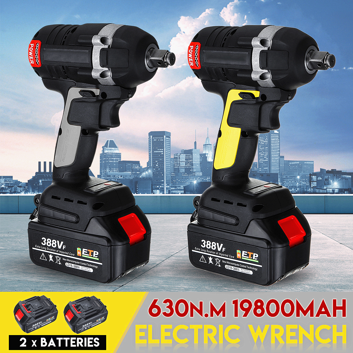 Upgraded 630NM 388VF 19800mAh Rechargeable Brushless Cordless Electric Impact Wrench 3 in 1 with 2 Li-ion Battery Power Tools