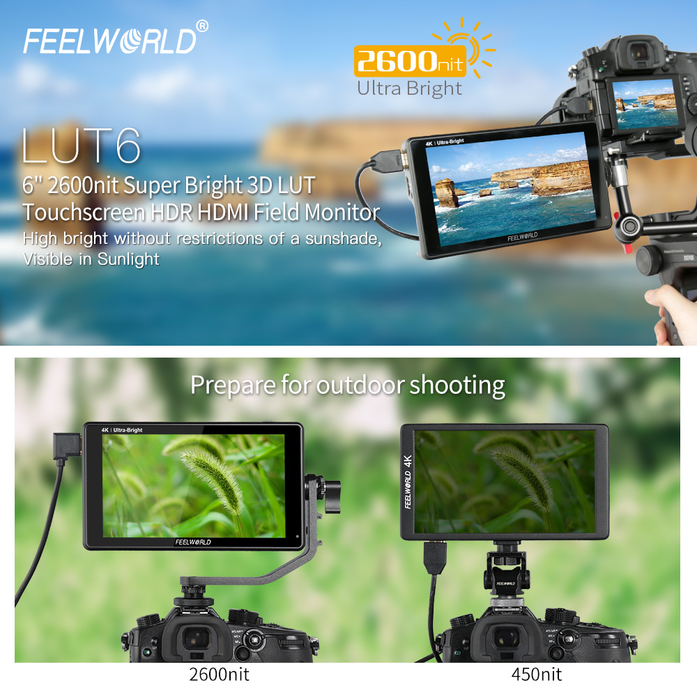 FEELWORLD LUT6 LUT6S 6 Inch 2600nit HDR 3D LUT Touch Screen on Camera Field DSLR Monitor with Waveform VectorScope for Youtube