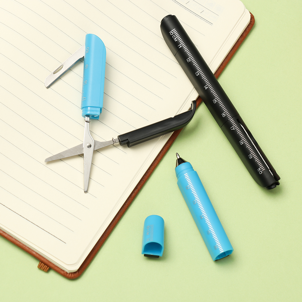 2021 Creative Plastic Ballpoint Pen Folding Scissors Ruler Knife Shape Signature Ballpen Writing Tool Multifunction Stationery